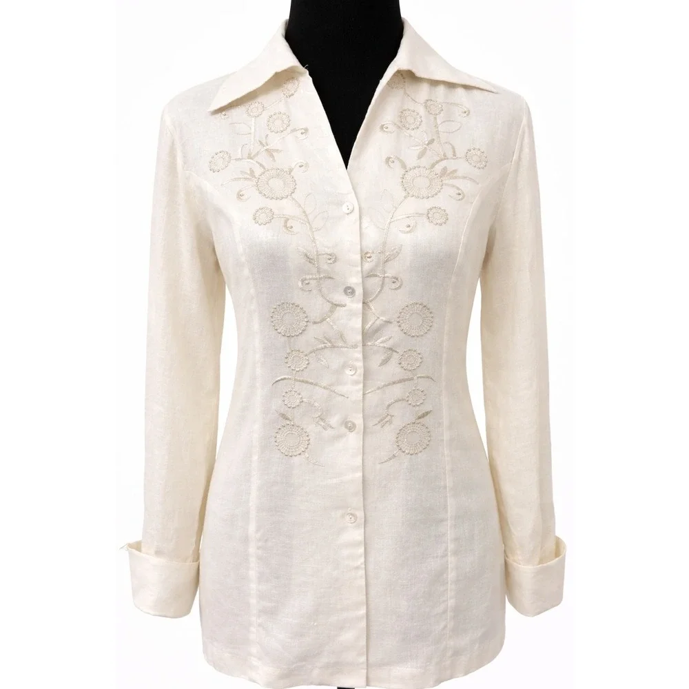 MIST Womens Blouse Small‎ Cream Metallic Embroidered Long Sleeve V-Neck Linen